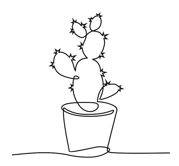 ベクトル オプンティア・カクタス (オプンチアカクタスの手描き) 1行連続で家用植物を描く スケッチ デザイン ミニマリスト コンセプト 白い背景に隔離されたベクトルイラスト