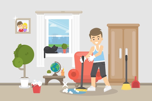 Vector house cleaning illustration happy smiling man do cleaning in the room