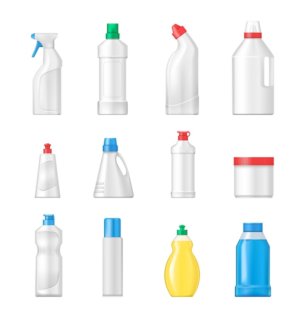 House cleaning plastic products realistic mockup set Cleaning products for home household