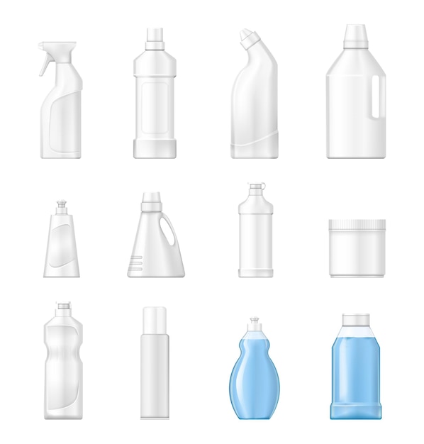 House cleaning plastic products realistic mockup set vector isolated