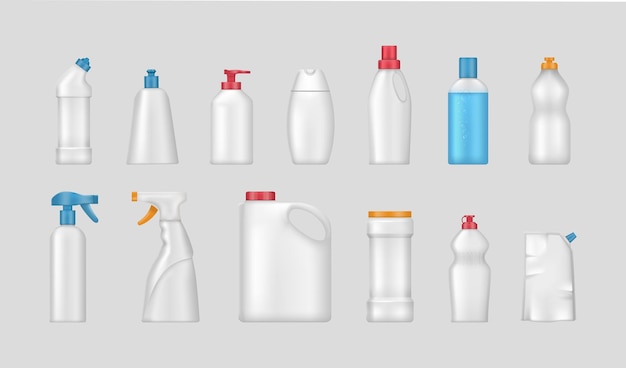 Vector house cleaning products realistic mockup set cleaning supplies for home chemistry sprays household realistic template bottles different shapes on white background for toilet bathroom household