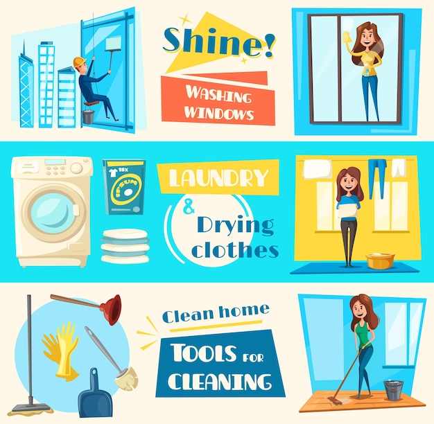 Vector house cleaning service vector flat banners set