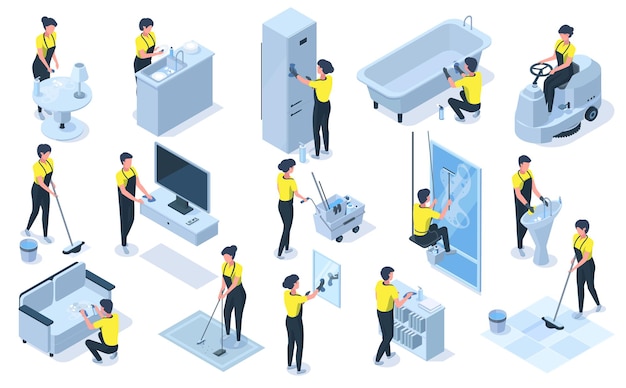 Vector house cleaning team isometric professional characters. detergents, cleaning equipment, vacuuming, wiping furniture vector illustration. cleaning workers at work professional, team maintenance cleaning