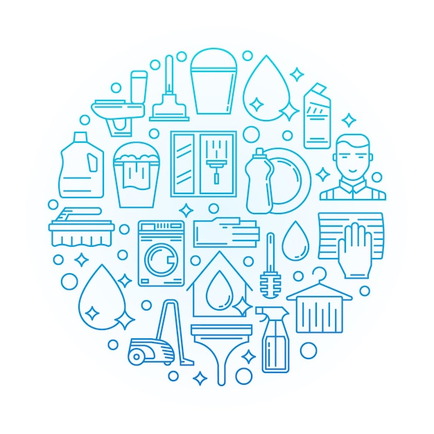 Vector house cleaning vector round concept blue outline illustration