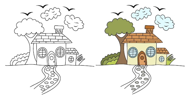 House coloring page for kids a drawing of a house with a tree and a house with a chimney