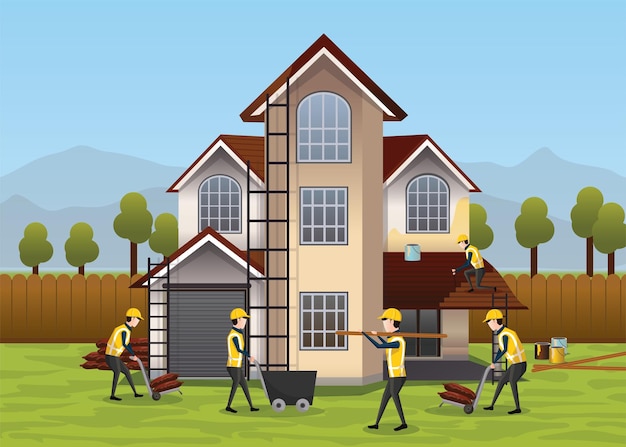 House construction design concept People working on house development Vector Illustration