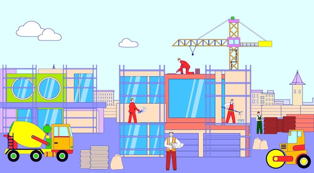 House construction site with equipment vector illustration flat man builder character work with industry crane at urban architecture development