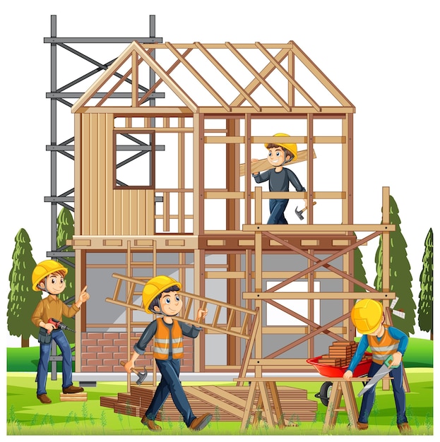 House construction site with workers