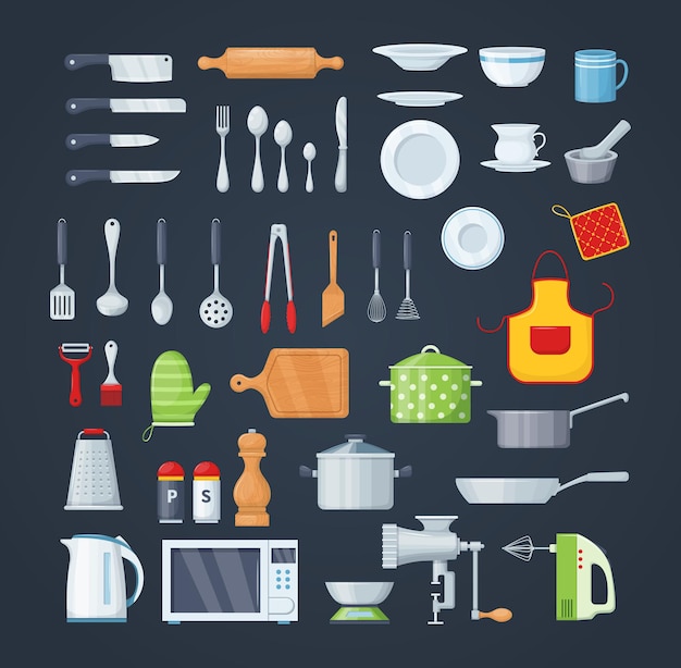 ベクトル 調理用の家庭用調理器具、金属製およびセラミック製のキッチン食器。