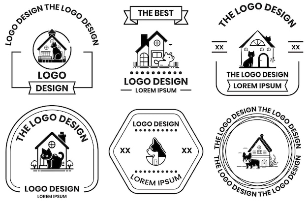 Vettore logo della casa dei cani e dei gatti nel concetto di clinica per animali in stile arte linea piatta isolato su priorità bassa