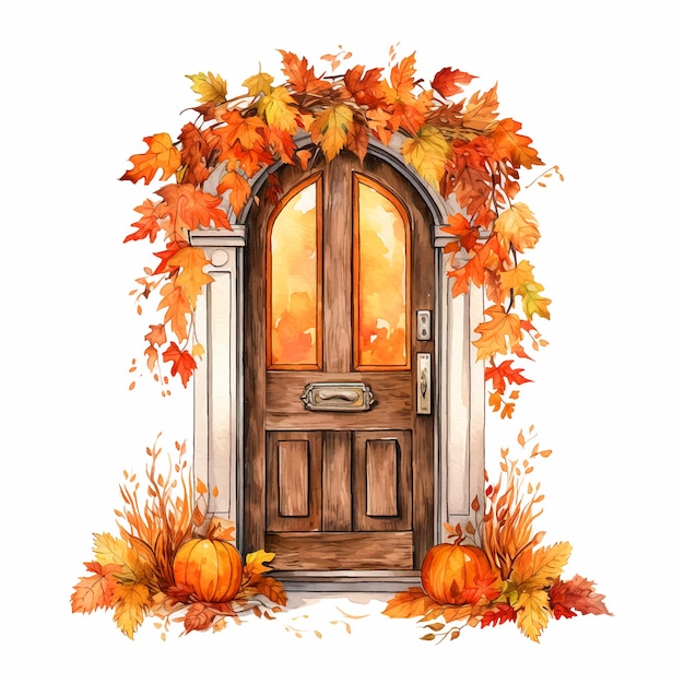 House door surrounded by autumn leaves watercolor paint