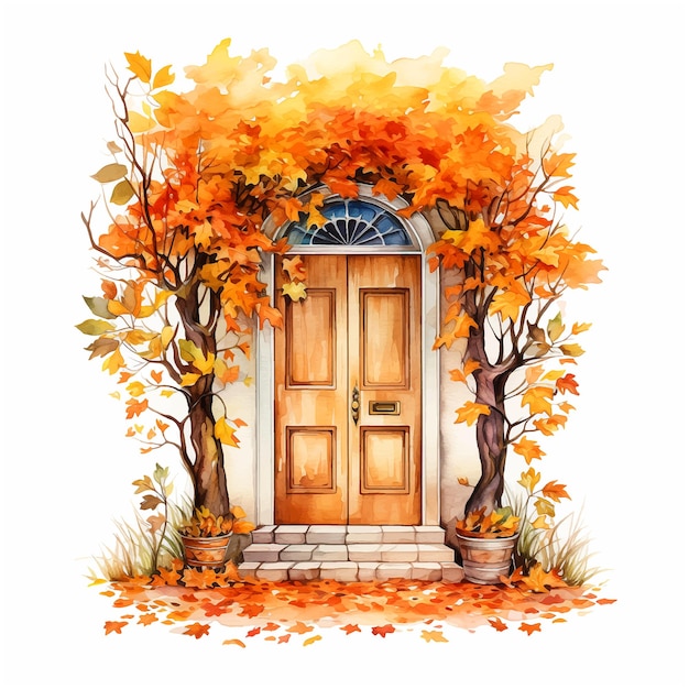 House door surrounded by autumn leaves watercolor paint