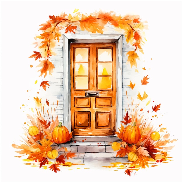 House door surrounded by autumn leaves watercolor paint