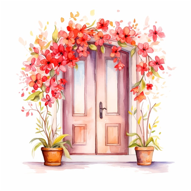 House door surrounded by flowers watercolor paint