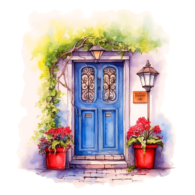 House door watercolor paint ilustration