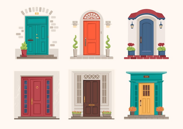 House doors Cartoon front entrance Exterior wall doorsteps with porches Outside cottage doorways collection Residential building facade templates Vector architectural elements set