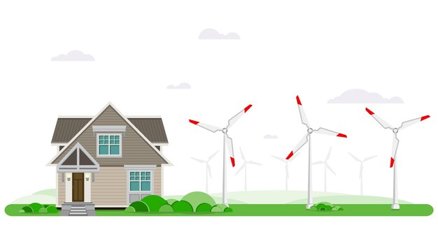 House and electric windmills ecological energy production industry wind power green energy