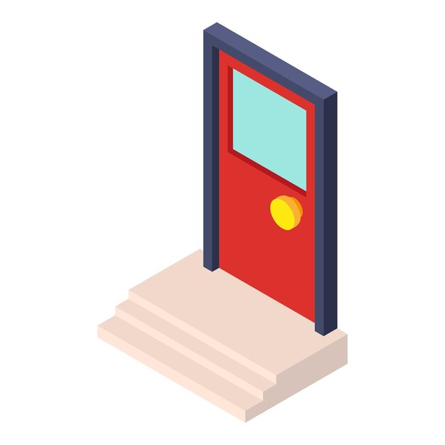 House entrance icon isometric vector Bright red entrance door with threshold Exterior construction and repair concept