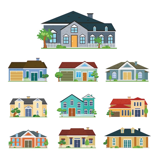 Vector house exterior front view residential town building set