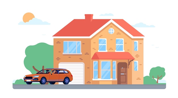 House facade Cottage with garage Mansion and car Real estate Residential building Vehicle in front of home City landscape Village residence Urban architecture Vector concept