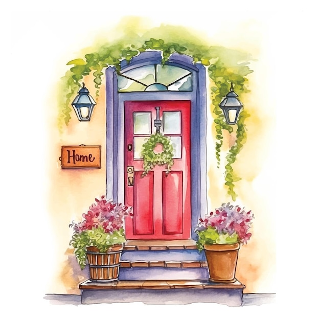 House facade door watercolor paint