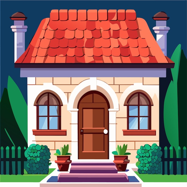 Vector house facade and front door with window cartoon vector background country home building with brick