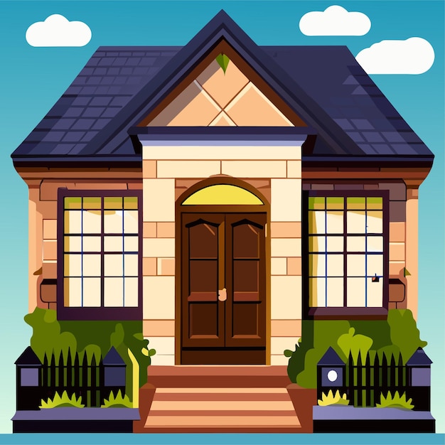 Vector house facade and front door with window cartoon vector background country home building with brick