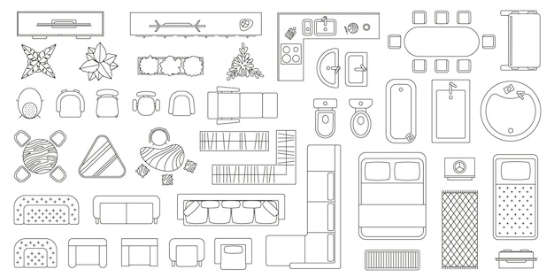 Vector house floor plan furniture top view line icons. apartment interior blueprint map elements. table, seats, sofa, bath and toilet vector set. elements for home and office project isolated on white