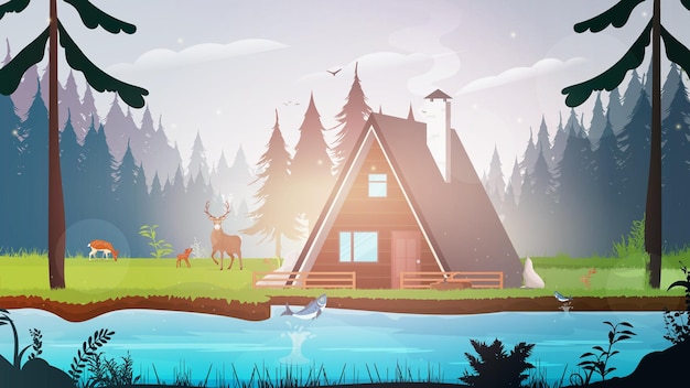 house in the forest. forest with a river.