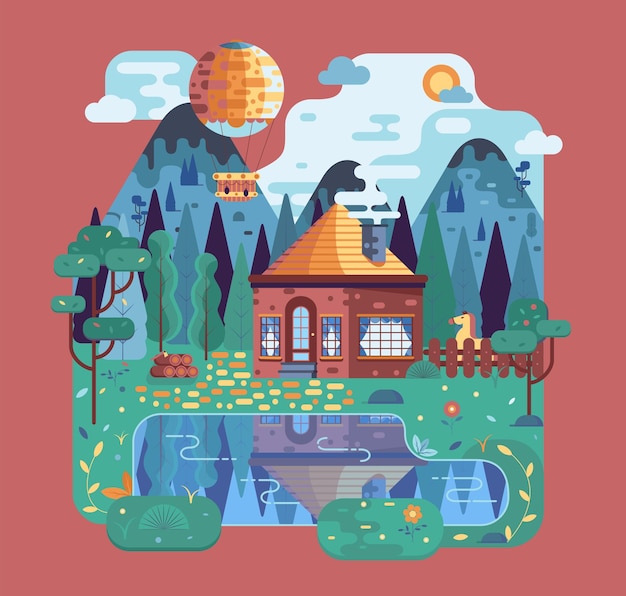 House forest mountains and air balloon vector illustration in flat style