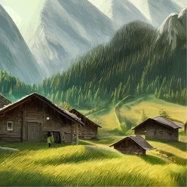 House forester far from civilization cartoon terrain in forest with trees mountains green grass in