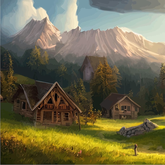 House forester far from civilization cartoon terrain in forest with trees mountains green grass in