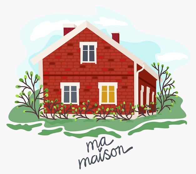 Casa di mattoni rossi e giardino. illustrazione carina vettoriale isolata su sfondo bianco. francese