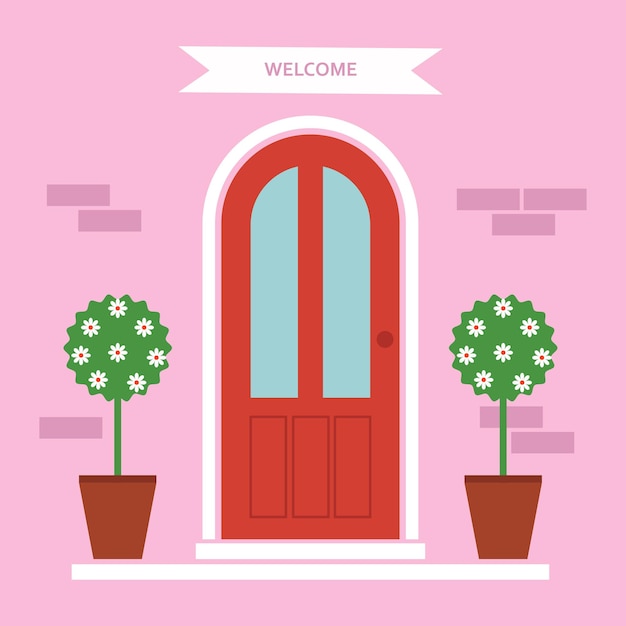 House front door vector illustration with flowers