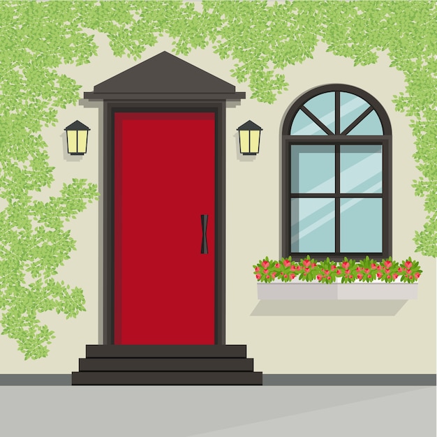 Vector house front door and window view, vector illustration