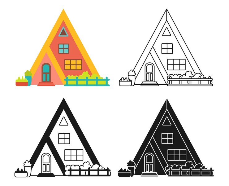 Vector house front flat cartoon stamp linear doodle set village modern facade cozy buildings villa cottage