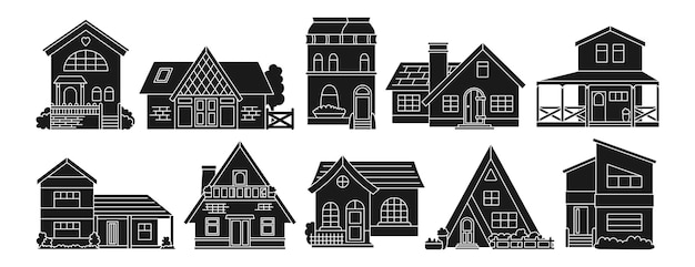 House front line engraving set facade village stamp modern building residential homestead cottage