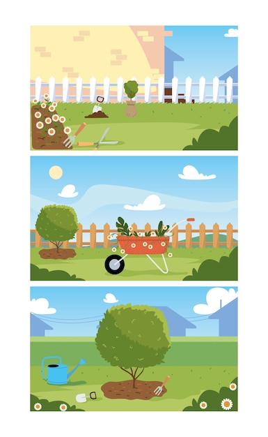 Vector house garden banners set design, gardening planting and nature