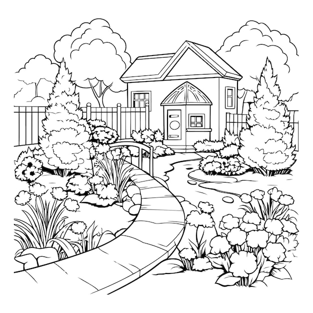 House in the garden Black and white vector illustration for coloring book