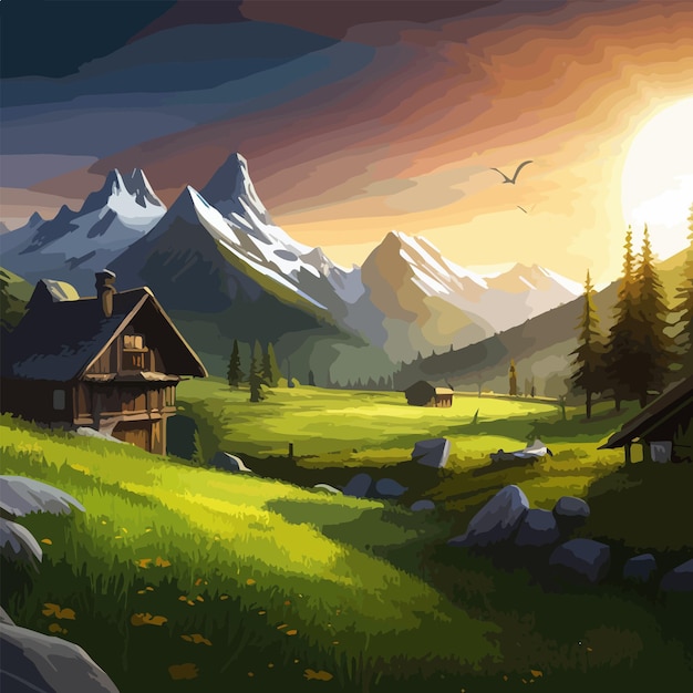 A house in on a green meadow against a mountain in the background with clouds in the sky vector
