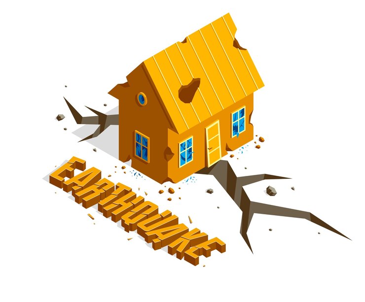Vector house on ground crack because of earthquake real estate insurance concept vector isometric illustration isolated on white background natural disaster protection