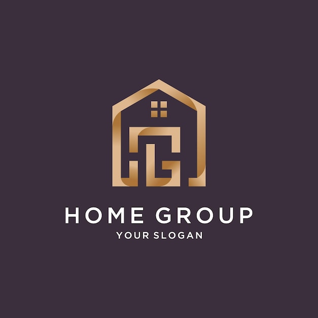 Logo del gruppo casa con lettera hg e design a colori sfumati dorati