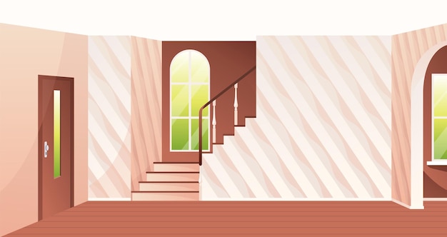 ベクトル ホール インテリアデザイン ベクトル カートゥーン イラスト 大きなライト ホール 入り口 ドア 窓 階段 床 マット 壁にフレームされた抽象的な絵 居心地の良い家 豪華なアパート
