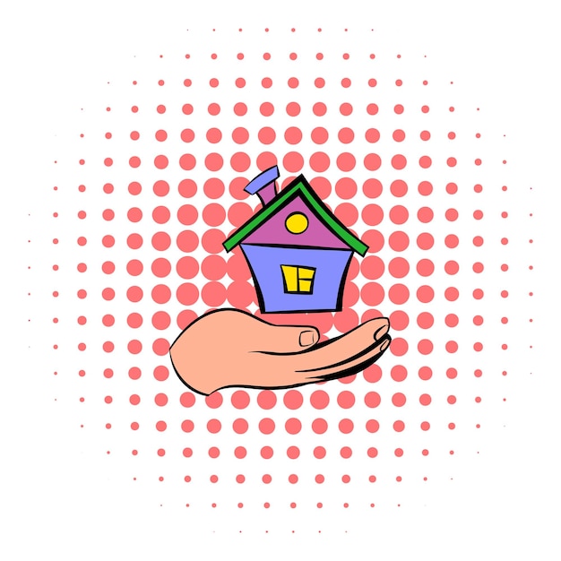 House in hand icon in comics style on a white background