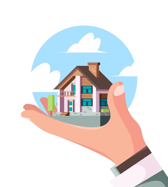 House on hand real estate person holding comfortable building on hand with key garish rental vector concept picture