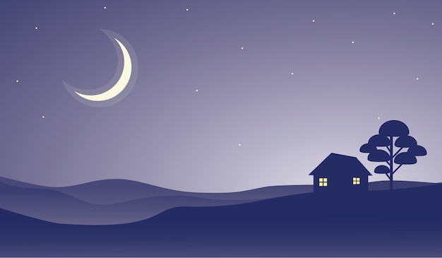 House on a hill at night view with crescent moon at starry sky