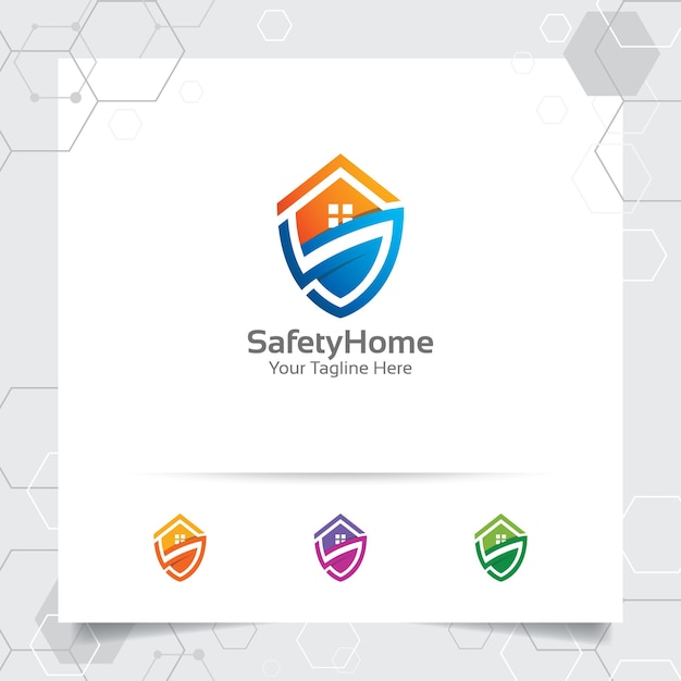 Концепция дизайна логотипа дома с защитой и безопасностью для умного дома