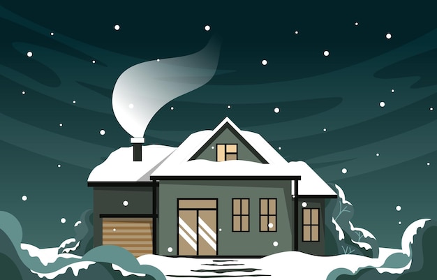 Vector house home in night snow fall winter illustration