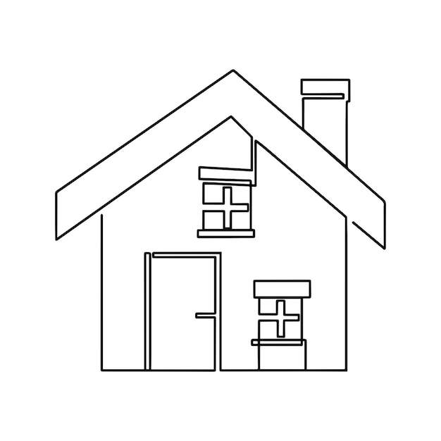 ドアと窓のある家のアイコン。 1 行ベクトル図 連続描画