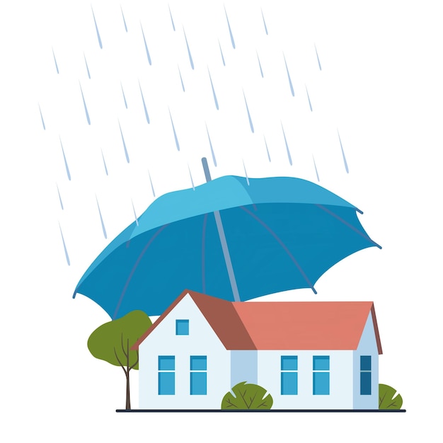 House insurance concept real estate protection flat cartoon house protected under umbrella